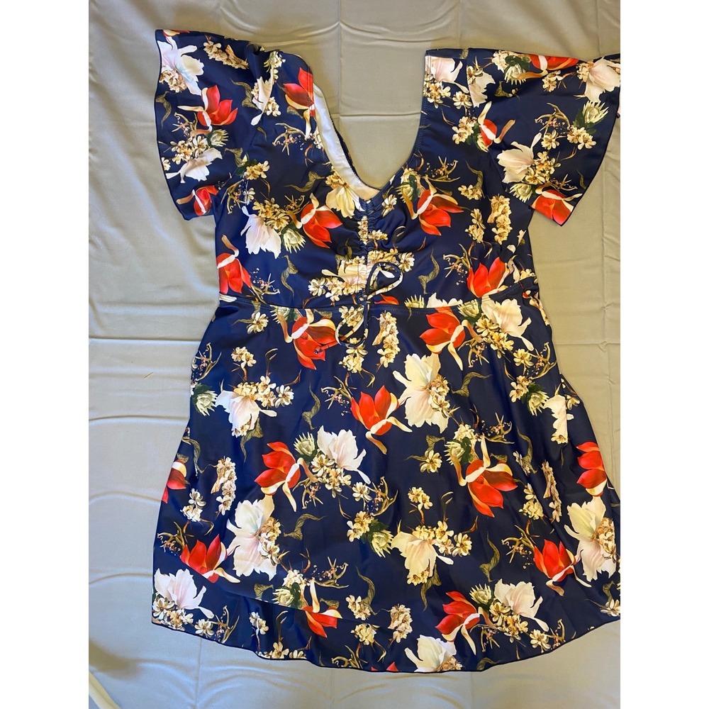 Acupper Floral Swim Dress Womens XL Navy Blue Flutter‎ Sleeve Tropical Skirted